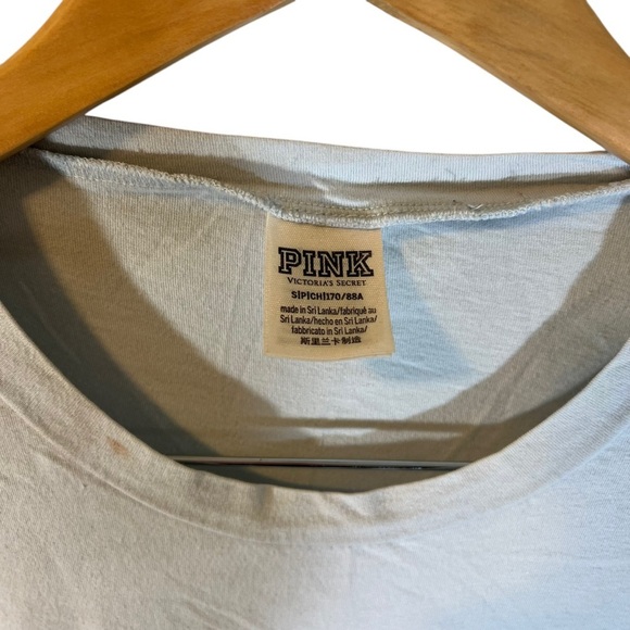PINK Victorias Secret Baby Blue T Shirt Small Front Pocket Sleeve Logo Stripe - Picture 8 of 8